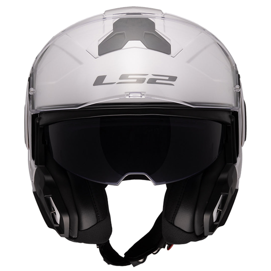 LS2 Helmets Advant II Solid Helmet Gloss White - Front View with Chin Bar Rolled Back and Faceshield Raised