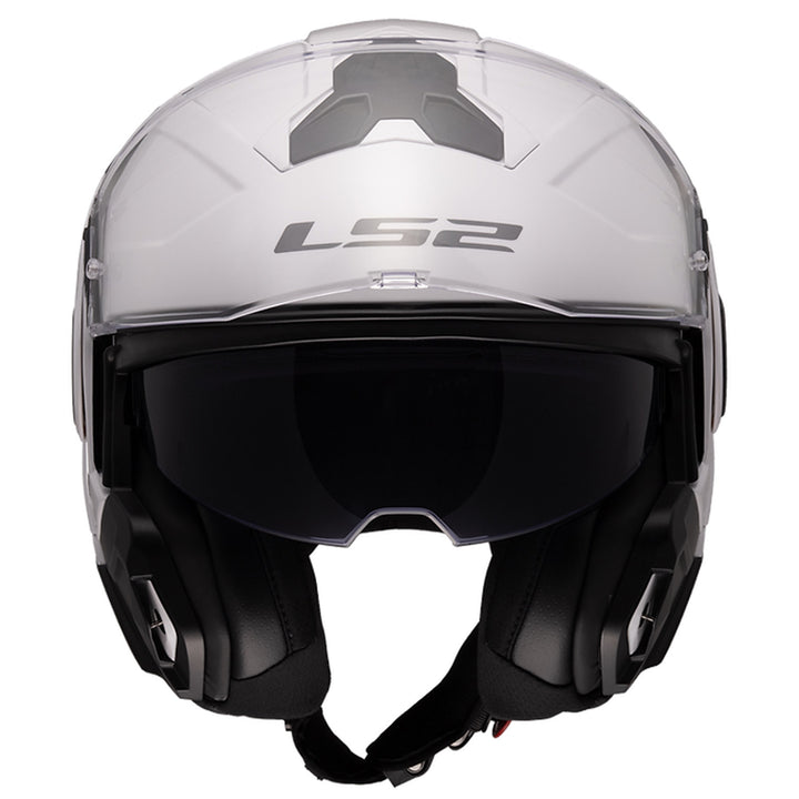 LS2 Helmets Advant II Solid Helmet Gloss White - Front View with Chin Bar Rolled Back and Faceshield Raised
