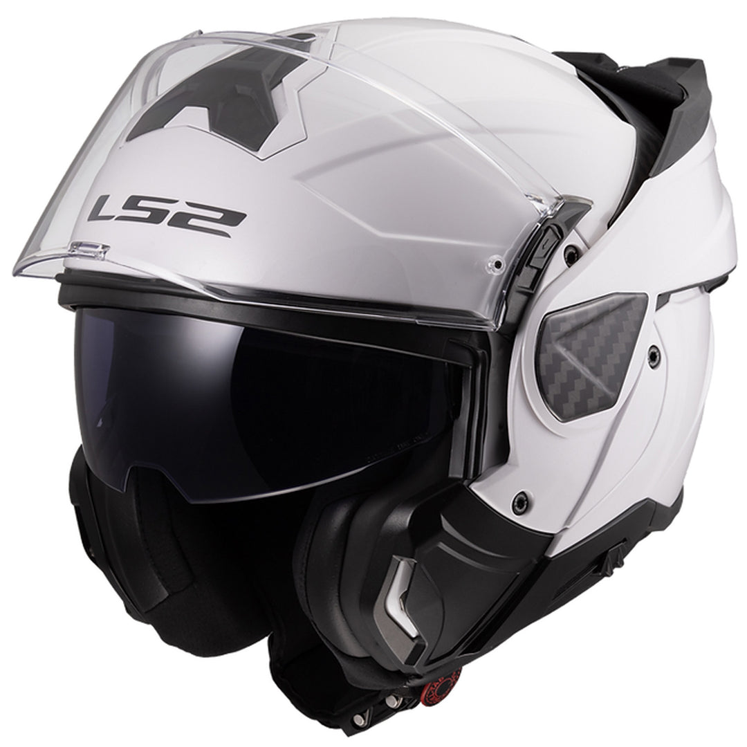 LS2 Helmets Advant II Solid Helmet Gloss White - Front Left Side View with Chin Bar Rolled Back and Faceshield Raised