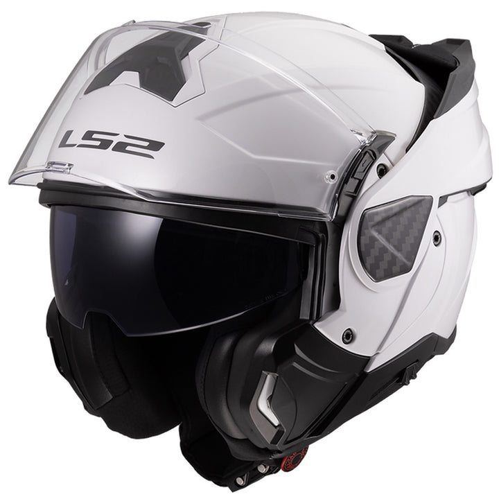 LS2 Helmets Advant II Solid Helmet Gloss White - Front Left Side View with Chin Bar Rolled Back and Faceshield Raised