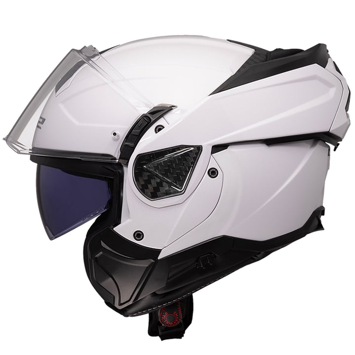 LS2 Helmets Advant II Solid Helmet Gloss White - Left Side View with Chin Bar Rolled Back and Faceshield Raised
