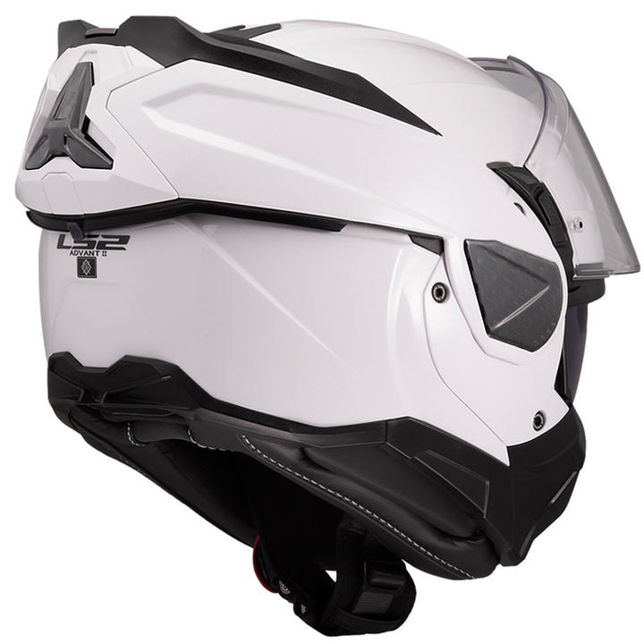 LS2 Helmets Advant II Solid Helmet Gloss White - Rear Right Side View with Chin Bar Rolled Back and Faceshield Raised