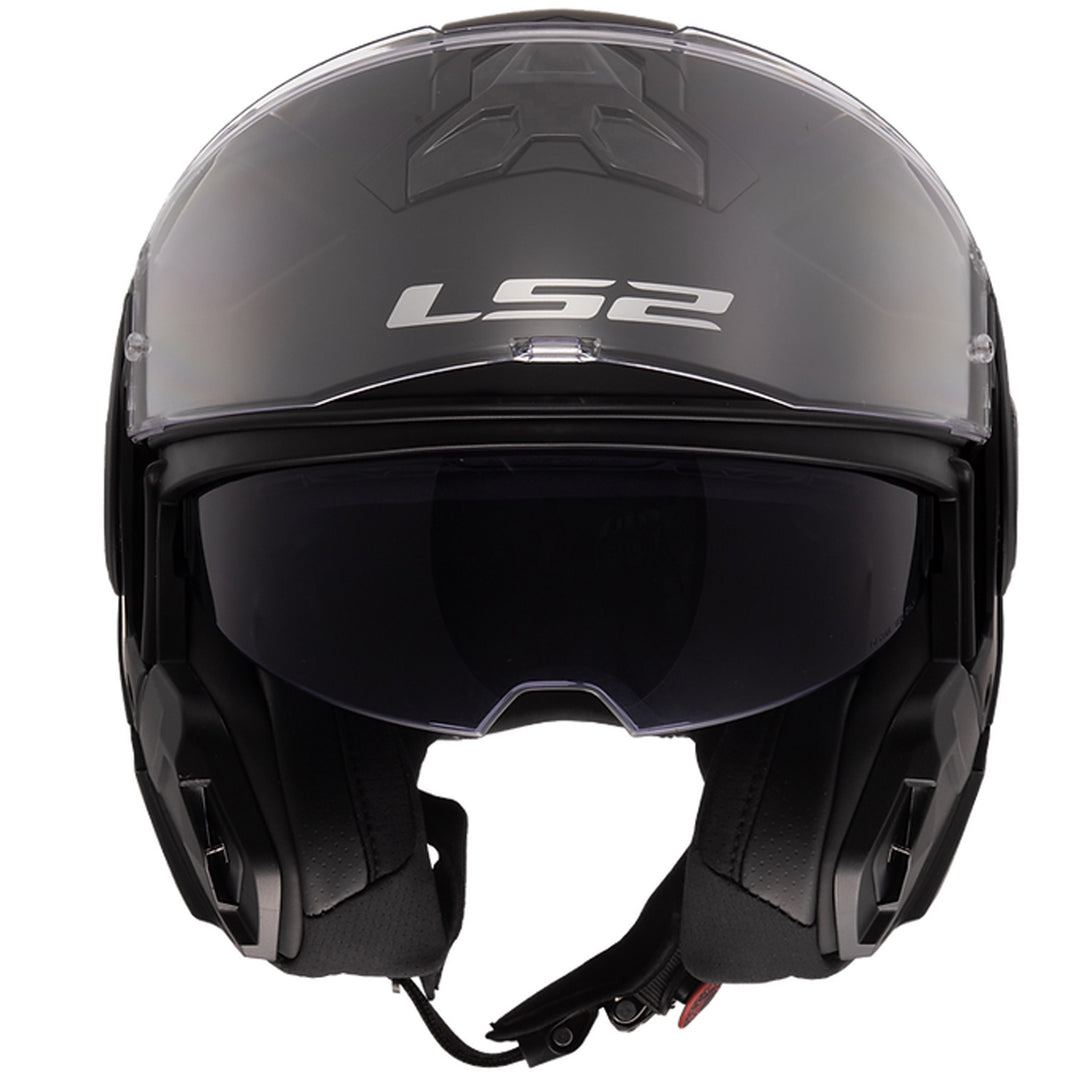LS2 Helmets Advant II Solid Helmet Matte Black - Front View with Chin Bar Rolled Back and Faceshield Raised