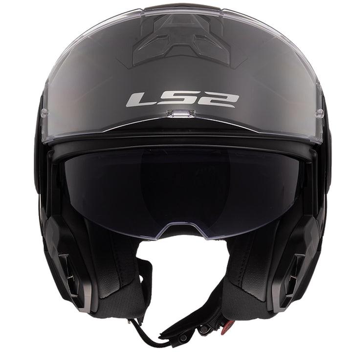 LS2 Helmets Advant II Solid Helmet Matte Black - Front View with Chin Bar Rolled Back and Faceshield Raised