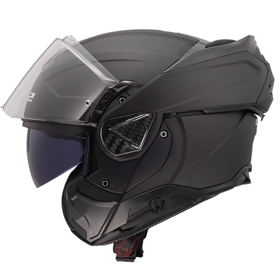 LS2 Helmets Advant II Solid Helmet Matte Black - Left Side View with Chin Bar Rolled Back and Faceshield Raised