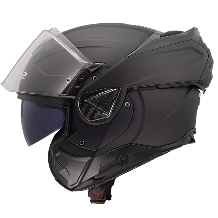 LS2 Helmets Advant II Solid Helmet Matte Black - Left Side View with Chin Bar Rolled Back and Faceshield Raised