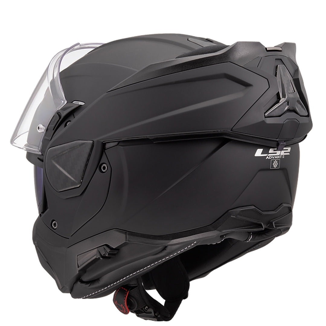 LS2 Helmets Advant II Solid Helmet Matte Black - Rear Left Side View with Chin Bar Rolled Back and Faceshield Raised