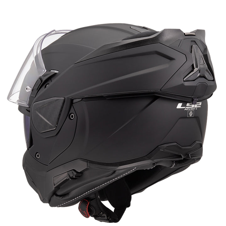 LS2 Helmets Advant II Solid Helmet Matte Black - Rear Left Side View with Chin Bar Rolled Back and Faceshield Raised