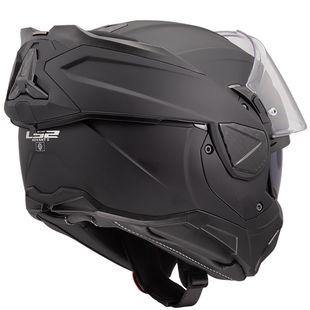 LS2 Helmets Advant II Solid Helmet Matte Black - Rear Right Side View with Chin Bar Rolled Back and Faceshield Raised