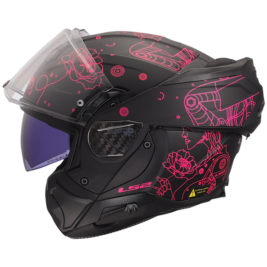 LS2 Helmets Advant II Sophia Helmet Matte Pink/Black - Left Side View with Chin Bar Rolled Back and Faceshield Raised