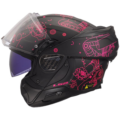 LS2 Helmets Advant II Sophia Helmet Matte Pink/Black - Left Side View with Chin Bar Rolled Back and Faceshield Raised