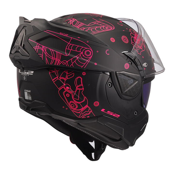 LS2 Helmets Advant II Sophia Helmet Matte Pink/Black - Rear Right Side View with Chin Bar Rolled Back and Faceshield Raised