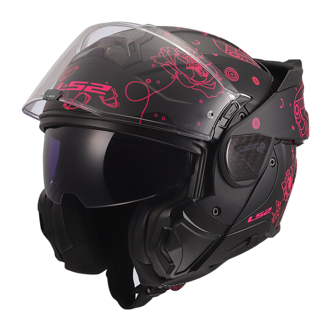 LS2 Helmets Advant II Sophia Helmet Matte Pink/Black - Front Left Side View with Chin Bar Rolled Back and Faceshield Raised
