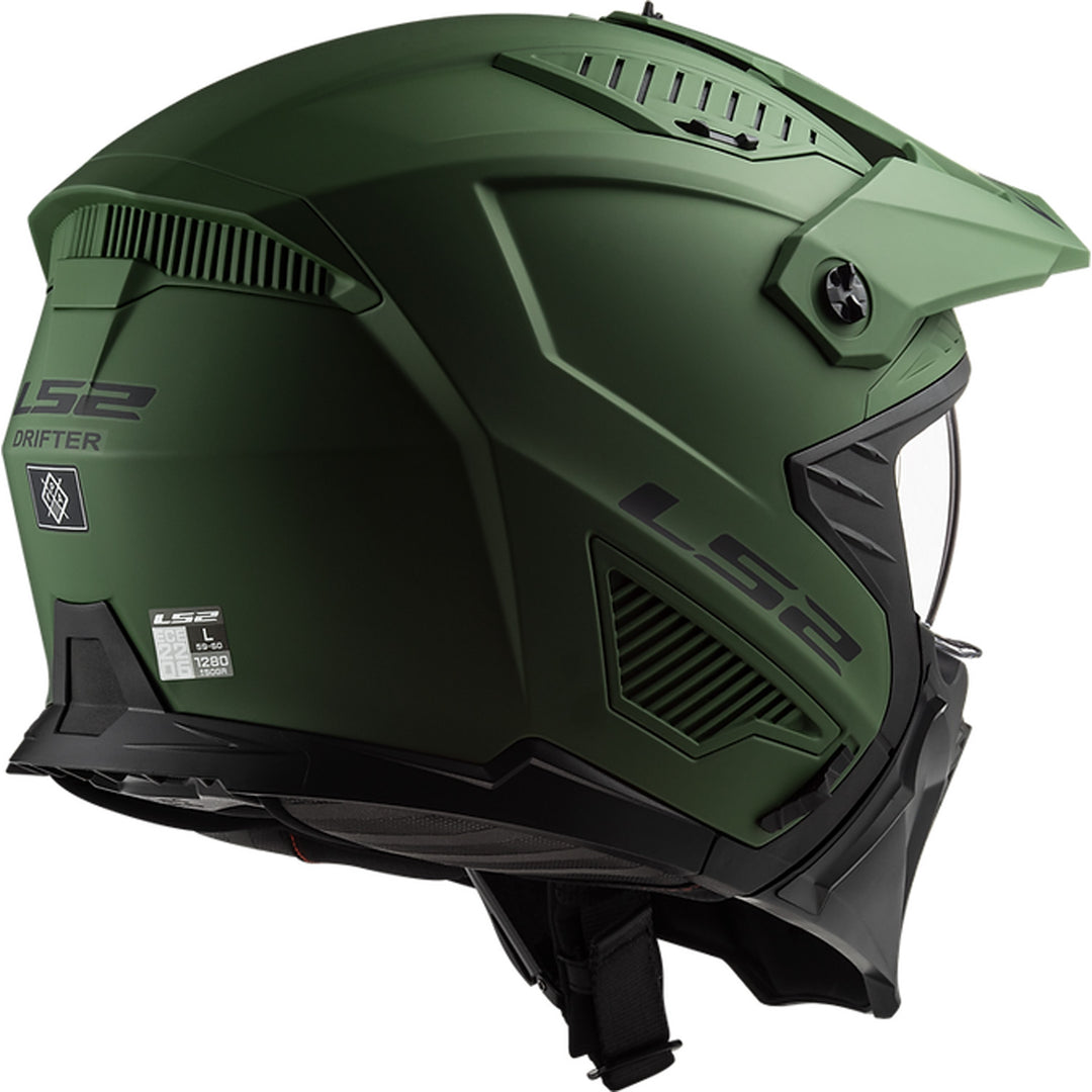 LS2 Helmets Drifter Solid Helmet Matte Military Green - Rear Right Side View