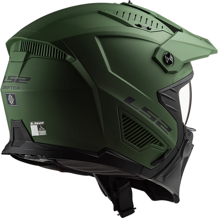 LS2 Helmets Drifter Solid Helmet Matte Military Green - Rear Right Side View