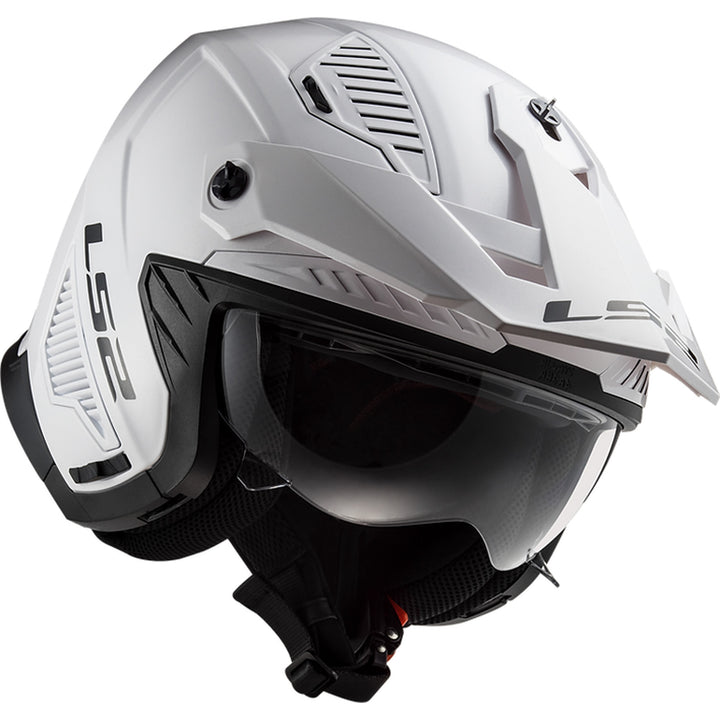 LS2 Helmets Drifter Solid Helmet Gloss White - Angled Front Right Side View with Chin Bar Removed