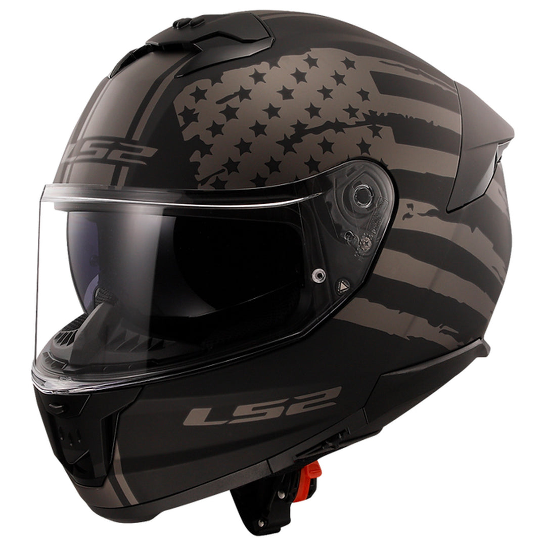 LS2 Helmets Stream II America Helmet Matte Black - Front Left Side View with Clear Faceshield and Drop Down Sun Visor Visible