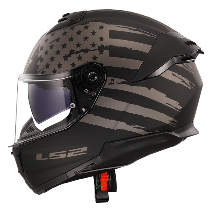 LS2 Helmets Stream II America Helmet Matte Black - Left Side View with Clear Faceshield and Drop Down Sun Visor Visible