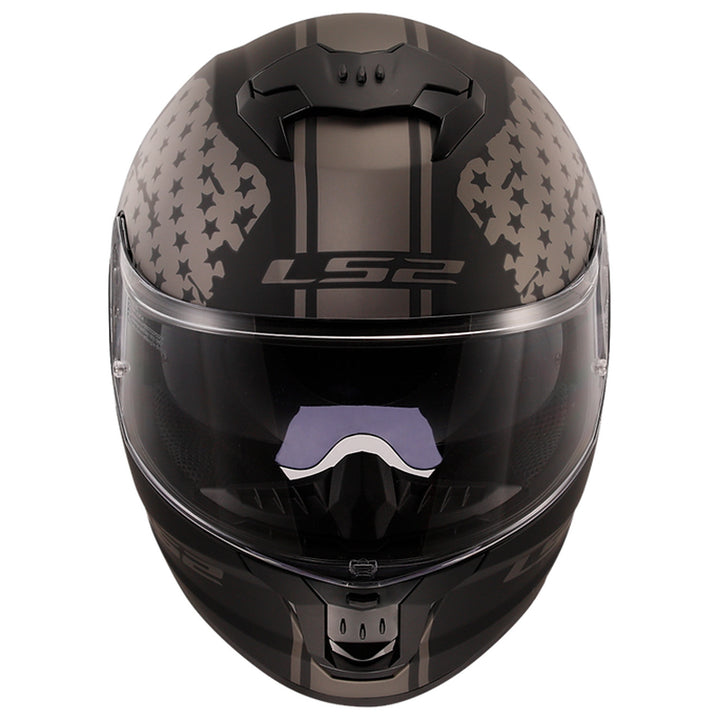 LS2 Helmets Stream II America Helmet Matte Black - Front View with Clear Faceshield and Drop Down Sun Visor Visible