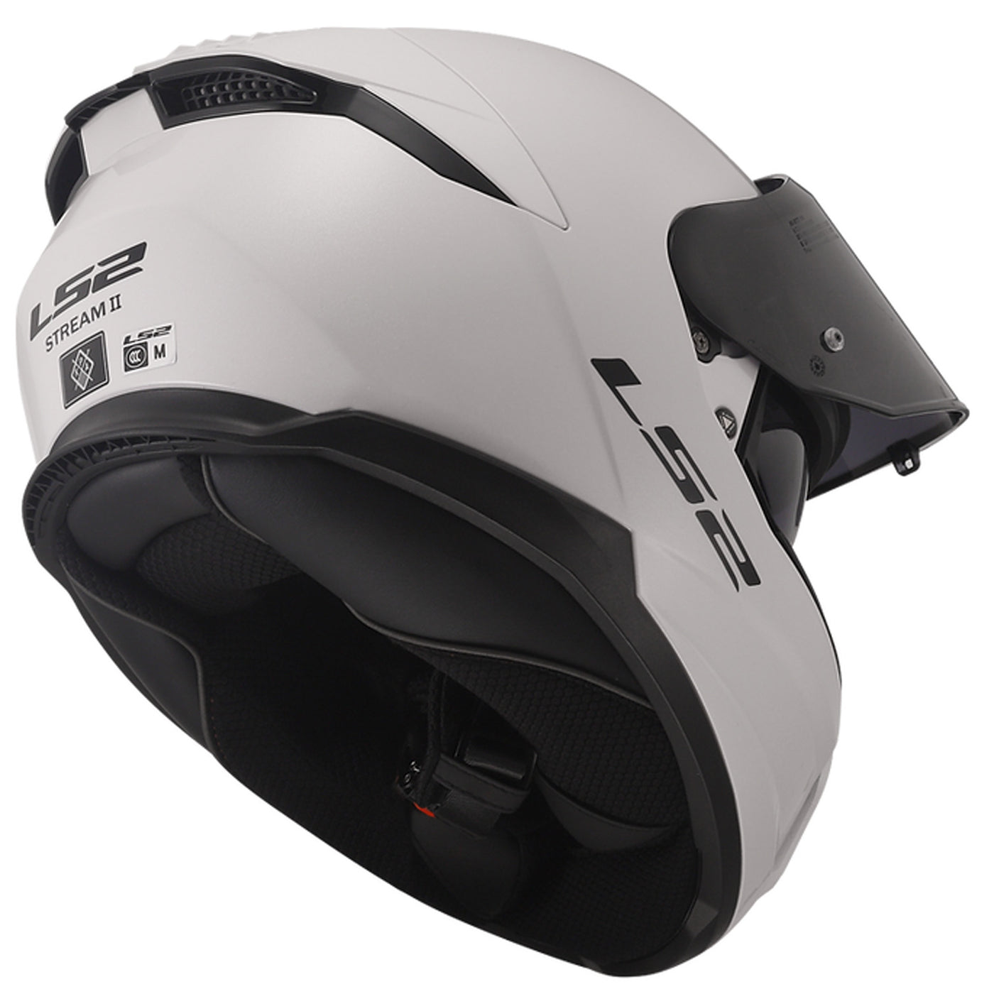 LS2 Helmets Stream II Solid Helmet Gloss White - Angled Rear Right Side View with Faceshield Raised