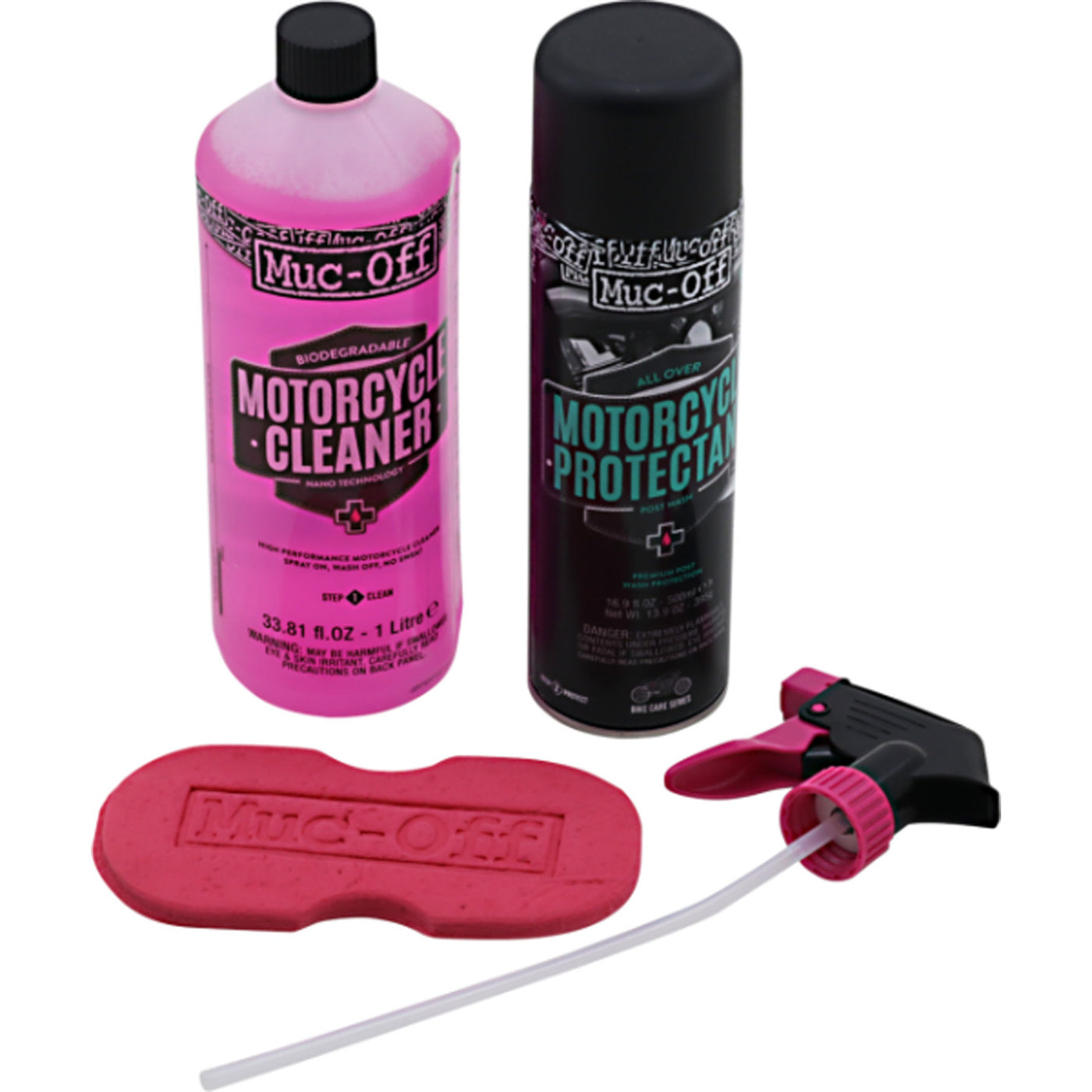 Muc-Off Cleaner/Spray Duo with Sponge - Display View of Cleaner, Protectant, Sponge, and Sprayer Attachment