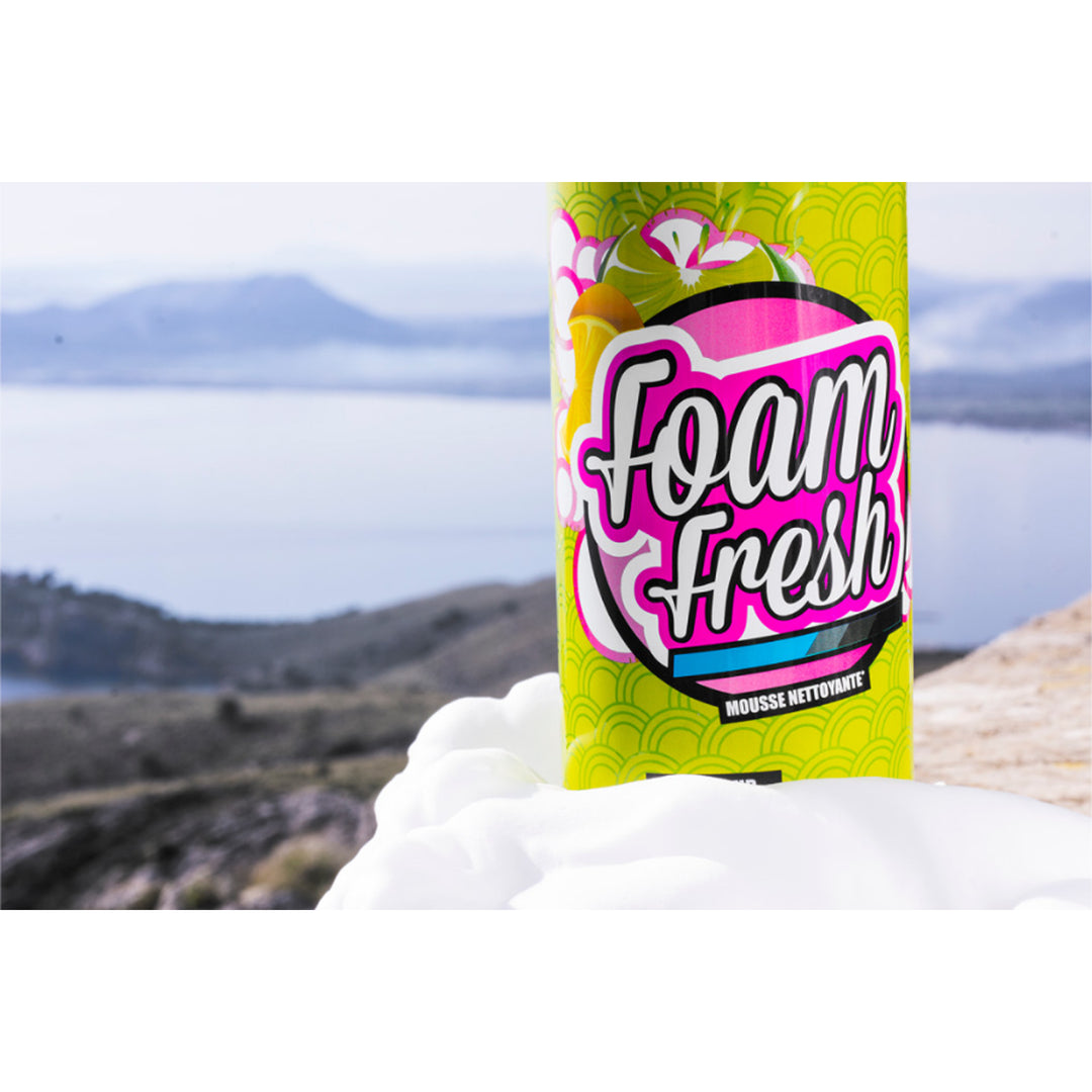Muc-Off Foam Fresh - 400ml - Lifestyle Close-Up of Bottle in Front of Mountain Scape