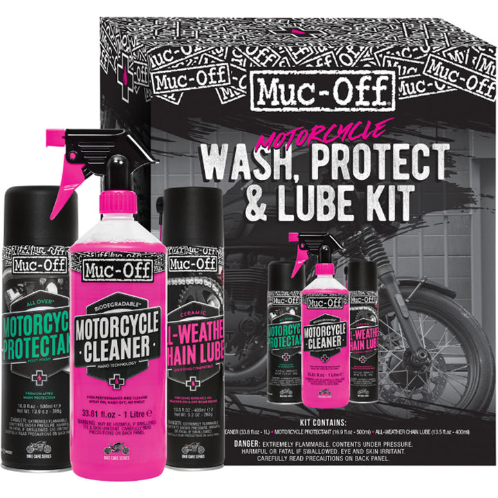 Muc-Off Motorcycle Wash, Protect, & Lube Kit - Front View of Box Case with Staged Products Beside: Protectant, Cleaner, and All-Weather Chain Lube