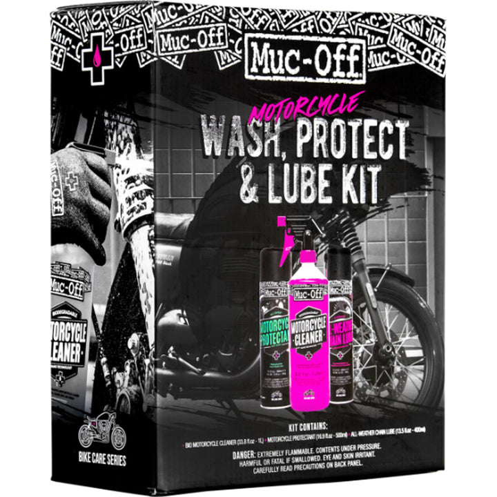 Muc-Off Motorcycle Wash, Protect, & Lube Kit - Front Side View of Box Case