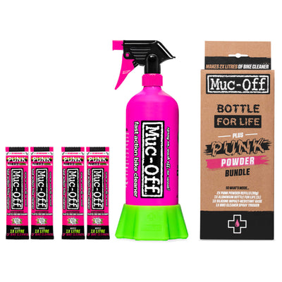 Muc-Off Punk Powder Concentrated Cleaner Refill 4 Pack w/Bottle - Front View of Package Box, Bottle with Sprayer Top, and 4 Packets