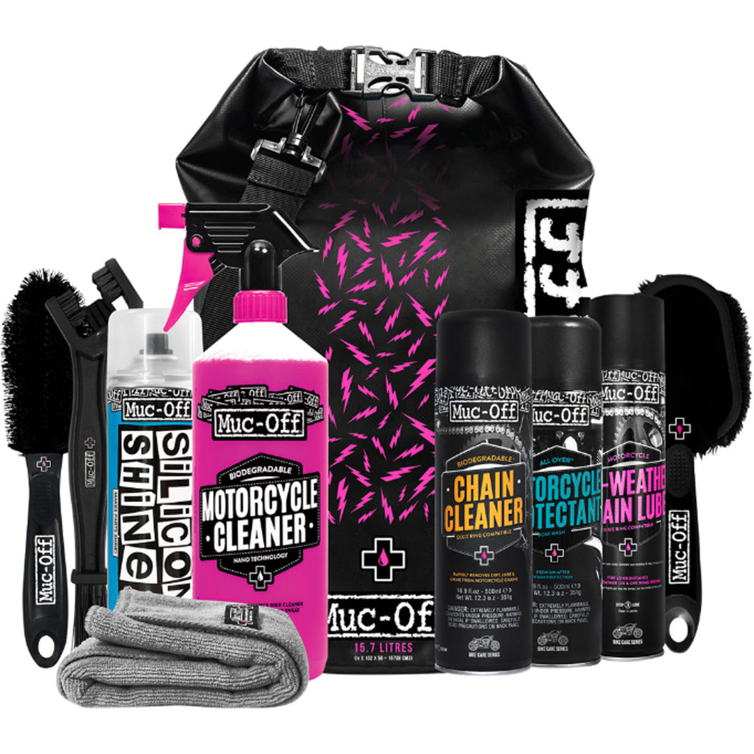Muc-Off Ultimate Motorcycle Cleaning Kit - Display View of Storage Bag with Products Lined Up in Front