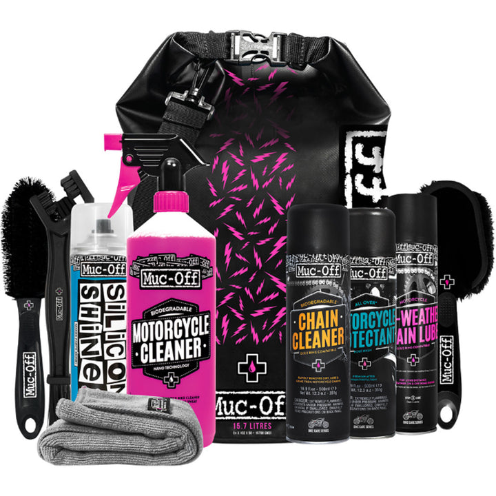 Muc-Off Ultimate Motorcycle Cleaning Kit - Display View of Storage Bag with Products Lined Up in Front