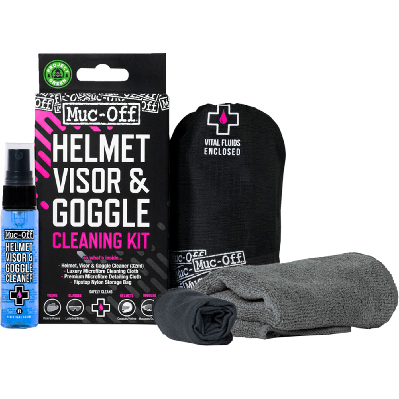 Muc-Off Visor, Lens, & Goggle Cleaning Kit - Front View of Box Case with Included Products Beside