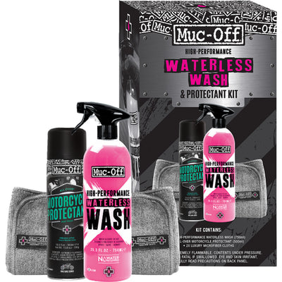 Muc-Off Motorcycle Waterless Wash & Protectant Kit - Front View of Box Case with Staged Products Beside: Waterless Wash, Protectant, and Microfiber Cloth