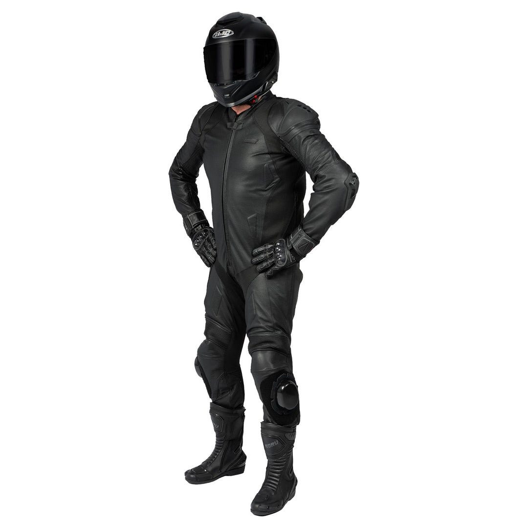 Noru Twenty-Eight 1-Piece Race Suit Black - Front Side View of Model Wearing Suit
