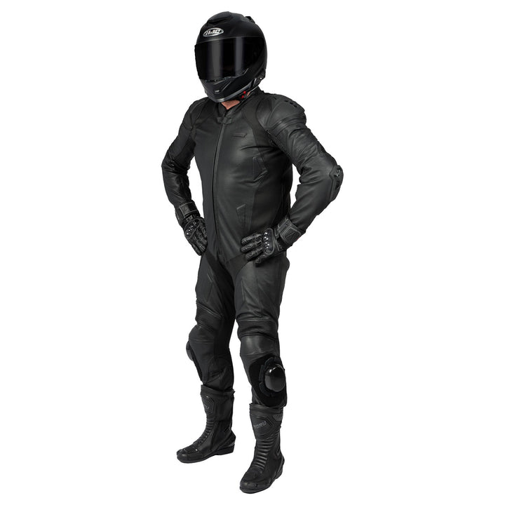 Noru Twenty-Eight 1-Piece Race Suit Black - Front Side View of Model Wearing Suit
