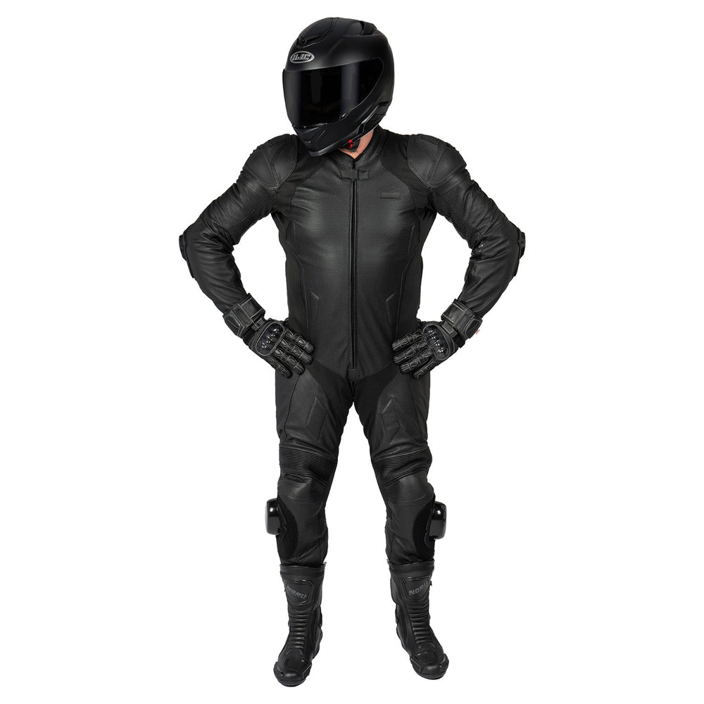 Noru Twenty-Eight 1-Piece Race Suit Black - Front View of Model Wearing Suit