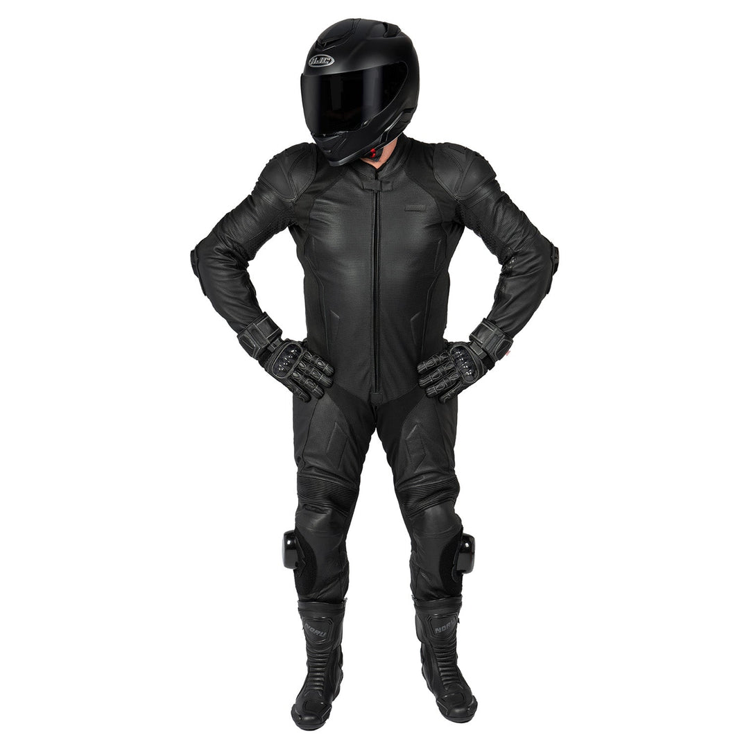 Noru Twenty-Eight 1-Piece Race Suit Black - Front View of Model Wearing Suit