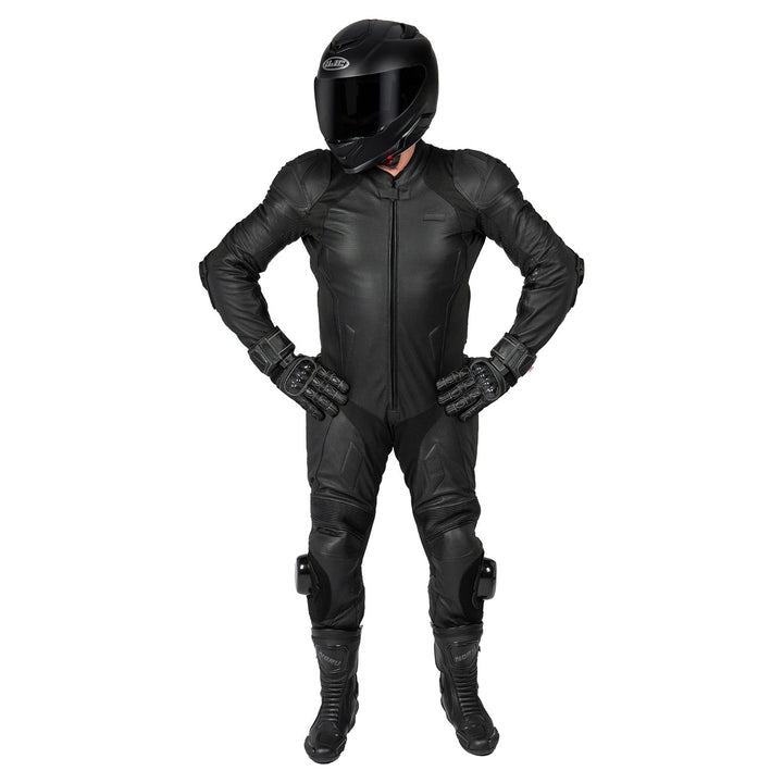 Noru Twenty-Eight 1-Piece Race Suit Black - Front View of Model Wearing Suit