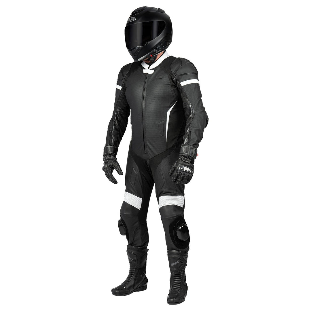 Noru Twenty-Eight 1-Piece Race Suit Black/White - Front Side View of Model Wearing Suit