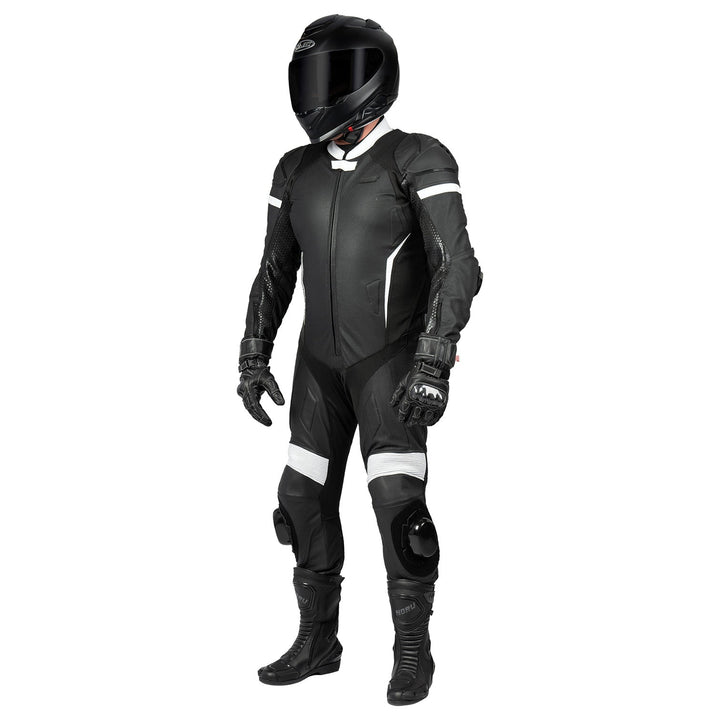 Noru Twenty-Eight 1-Piece Race Suit Black/White - Front Side View of Model Wearing Suit
