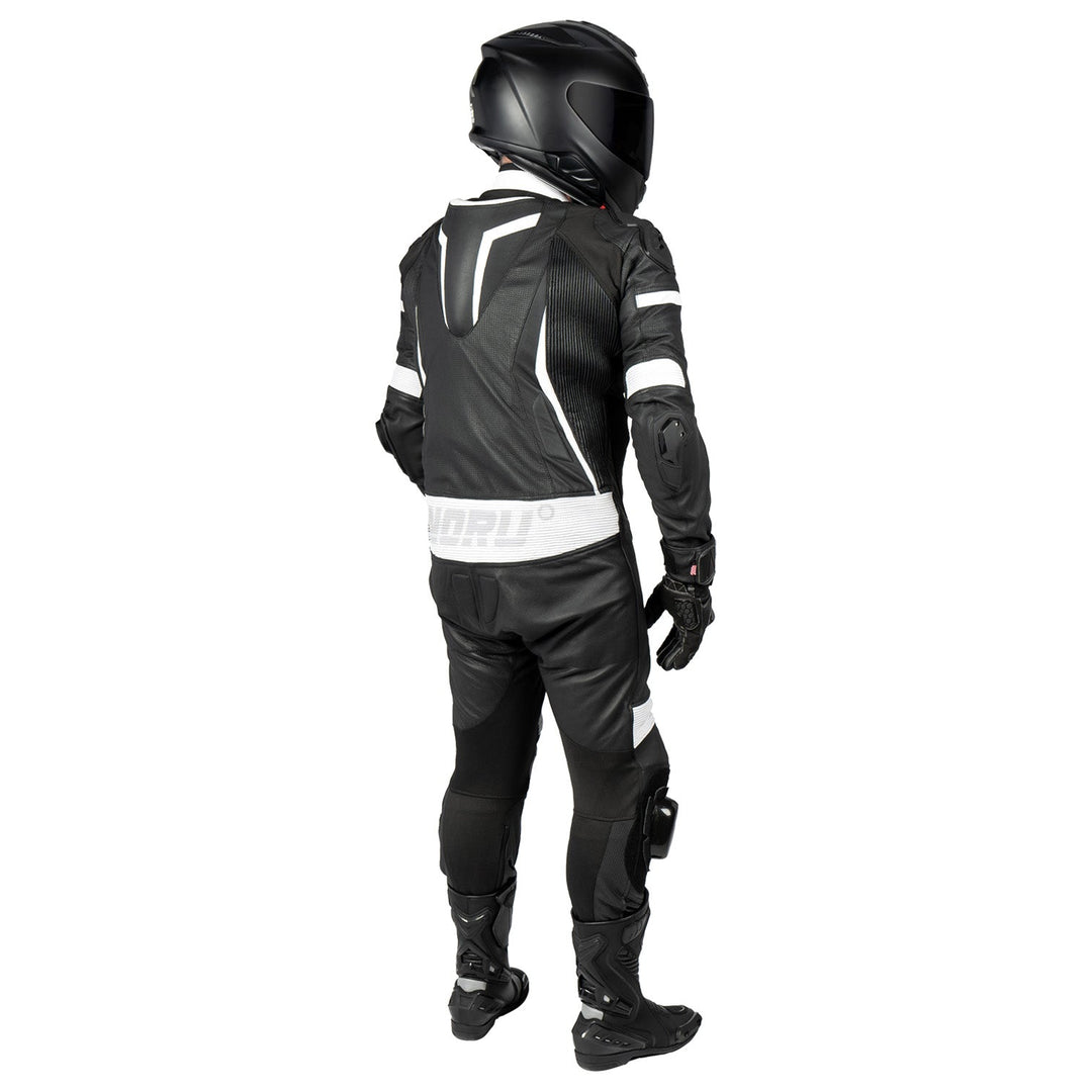 Noru Twenty-Eight 1-Piece Race Suit Black/White - Rear Side View of Model Wearing Suit