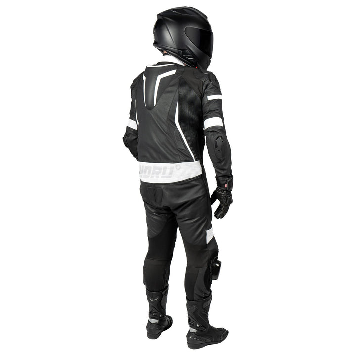 Noru Twenty-Eight 1-Piece Race Suit Black/White - Rear Side View of Model Wearing Suit