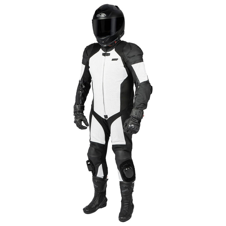 Noru Twenty-Eight 1-Piece Race Suit White/Black - Front Left Side View of Model Wearing Suit