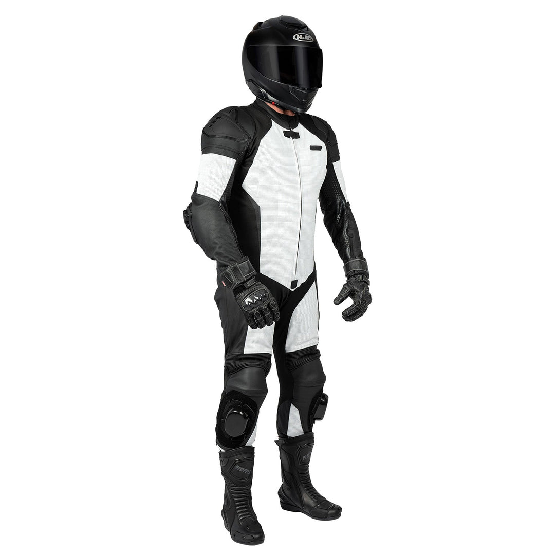 Noru Twenty-Eight 1-Piece Race Suit White/Black - Front Right Side View of Model Wearing Suit