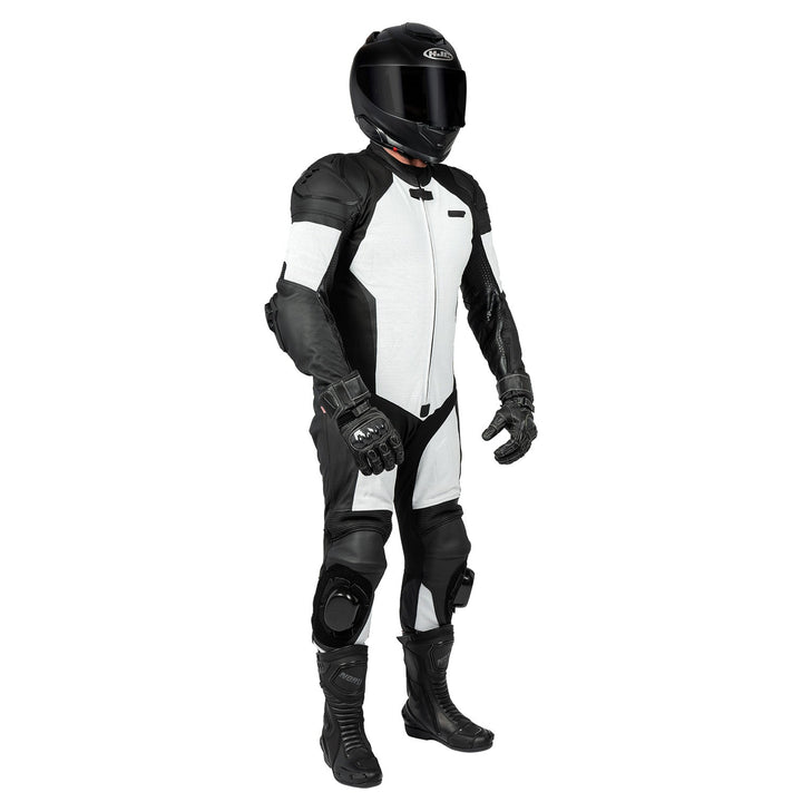 Noru Twenty-Eight 1-Piece Race Suit White/Black - Front Right Side View of Model Wearing Suit