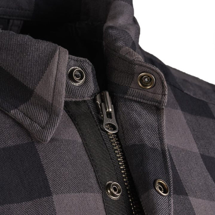 Noru Hanten Armored Riding Shirt Grey - Close-Up of Front Zipper
