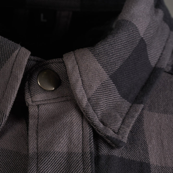 Noru Hanten Armored Riding Shirt Grey - Close-Up of Front Collar and Top Snap