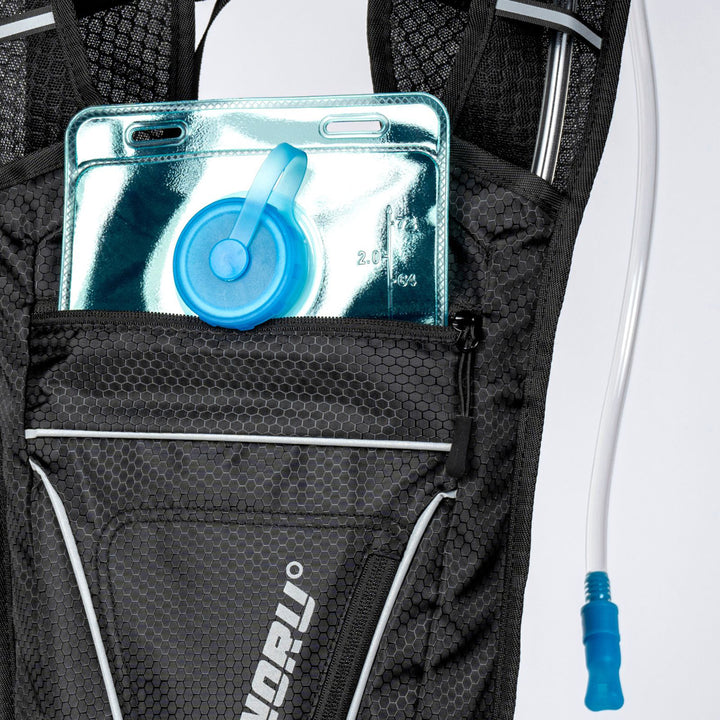 Noru Hidaka Hydropack Black/Black - Close-Up of Open Pocket with Water Pack Partially Pulled Out
