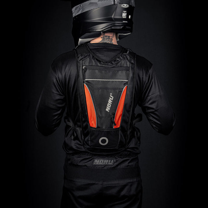 Noru Hidaka Hydropack Black/Orange - View from Back of Model Wearing Hydropack