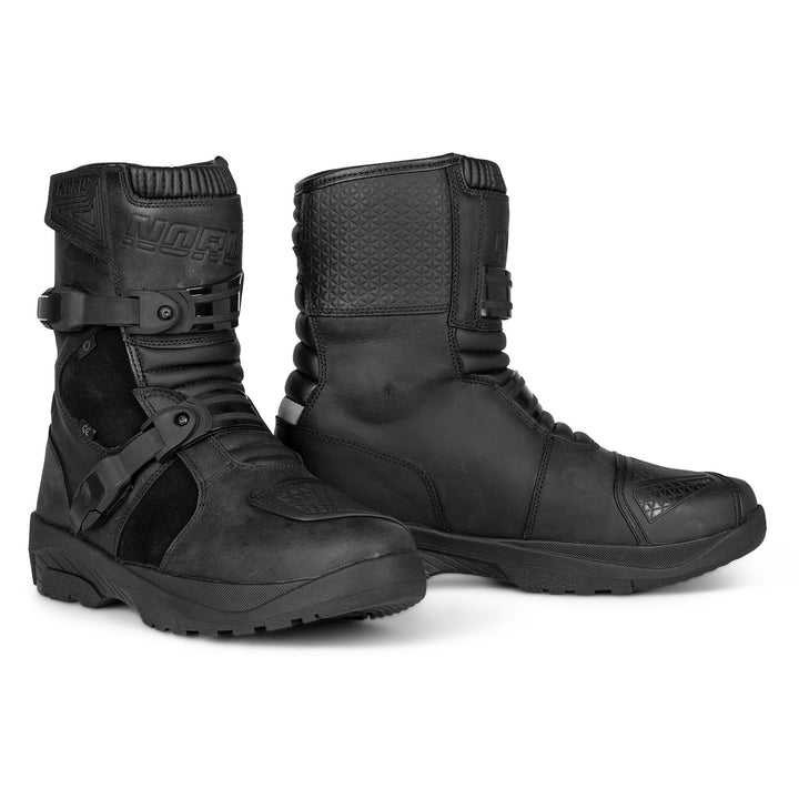 Noru Hakken Adventure Boots Black - Front Side and Inner Side Views of Pair